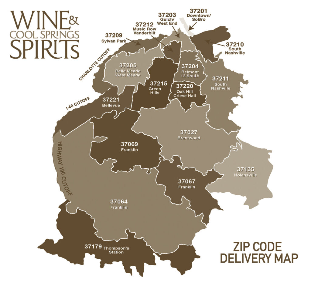 A map of the wine and liquor spirits zip code delivery areas.