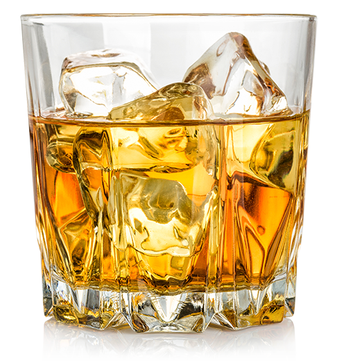 A glass of whiskey with ice cubes on the side.